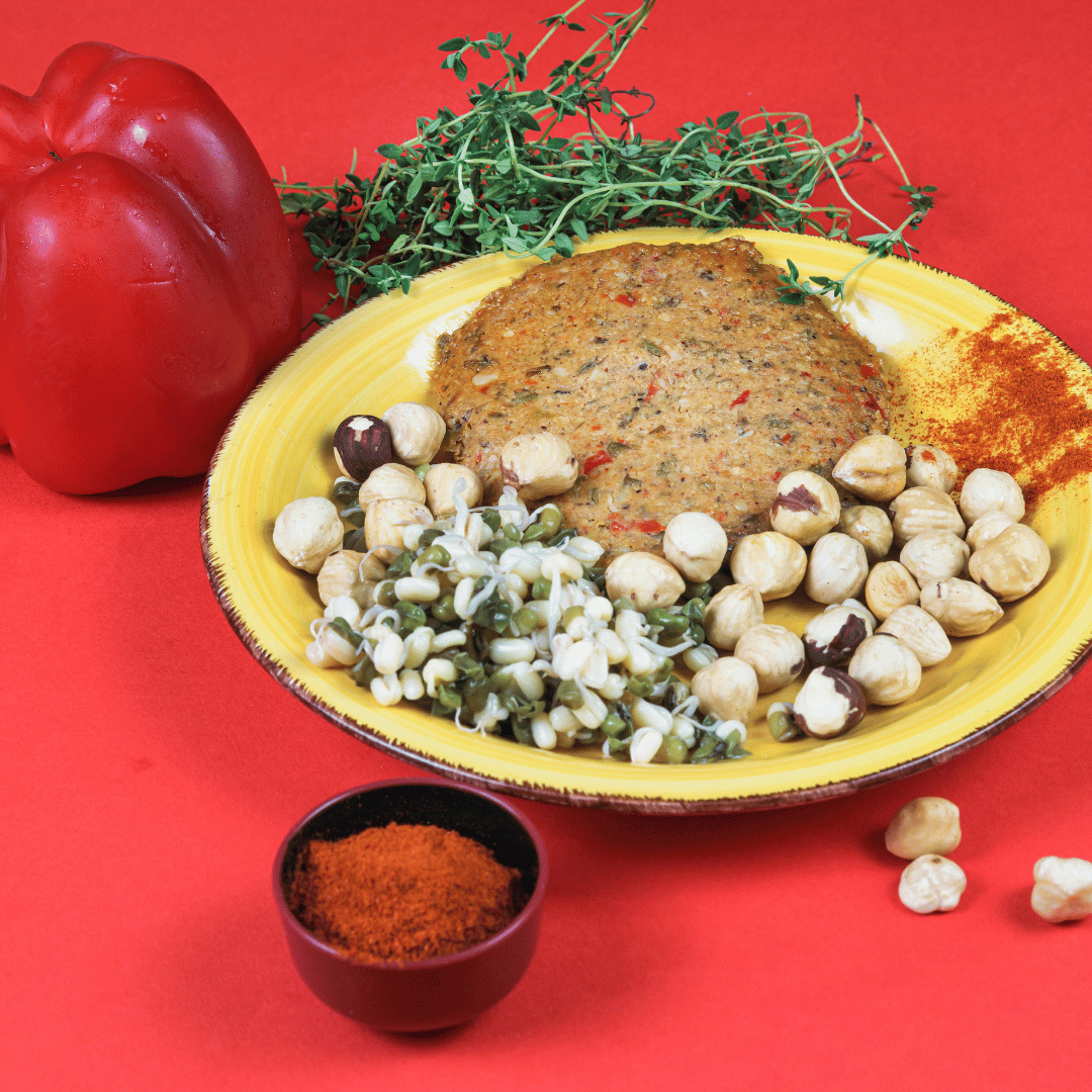 Burger di fagiolo mung, peperoni e nocciole